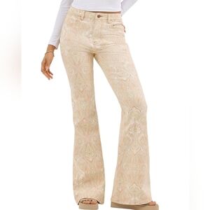 Boho Flare Jeans High Rise Vintage Inspired Bell Bottom Denim Paisley Biege 12